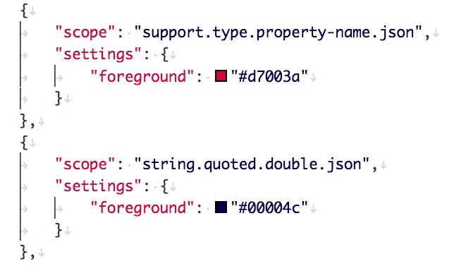 json要素のシンタックスハイライトを編集したようす